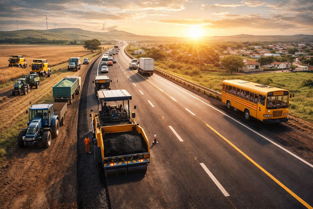 asfalto na RSC-473 liga Bagé à Campanha gaúcha, encurta caminhos da produção agropecuária e fortalece a logística regional para caminhões, serviços e moradores.