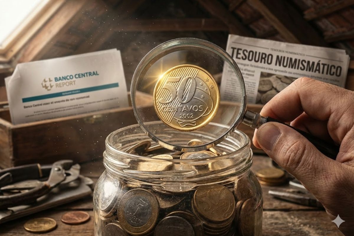 O Banco Central alertou sobre a moeda de 50 centavos de 2002 com erro de cunhagem e reverso horizontal, hoje valorizada no mercado numismático, que pode transformar troco comum em dinheiro raro.