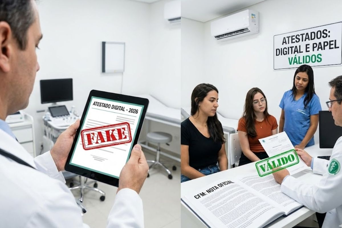 Boato sobre o atestado em papel é falso: CFM confirma que atestado digital também vale. Plataforma Atesta CFM combate fraudes em atestados no Brasil.
