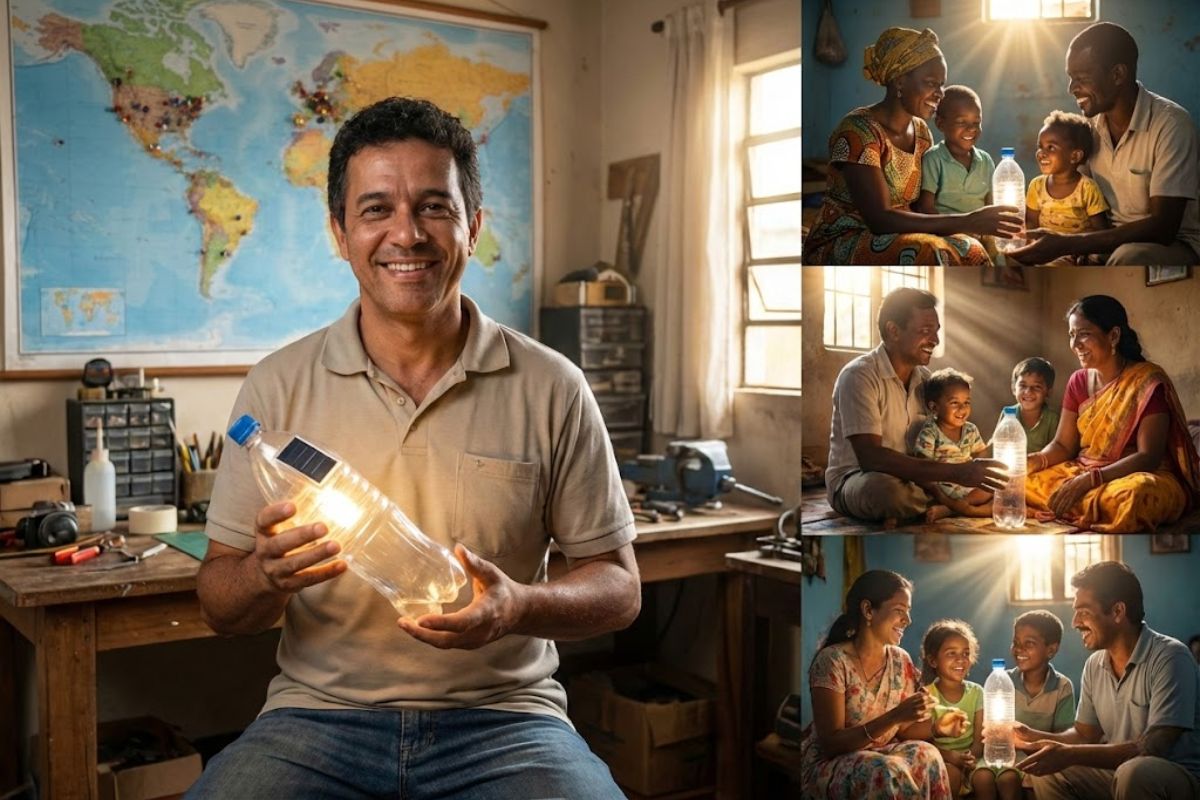 História de um brasileiro de Uberaba que cria lâmpada de garrafa PET movida ao sol, reduz conta de luz em casas pobres e transforma criatividade em solução reconhecida em vários países
