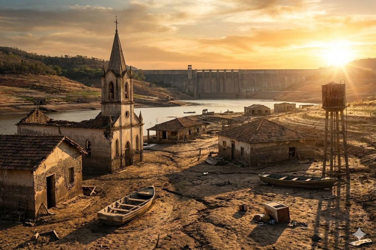 Cidades brasileiras afogadas por barragens ressurgem na seca, expõem igrejas e ruínas, revelam o custo social esquecido dos megaprojetos, dos reservatórios instáveis e das decisões sem medir o verdadeiro custo social.