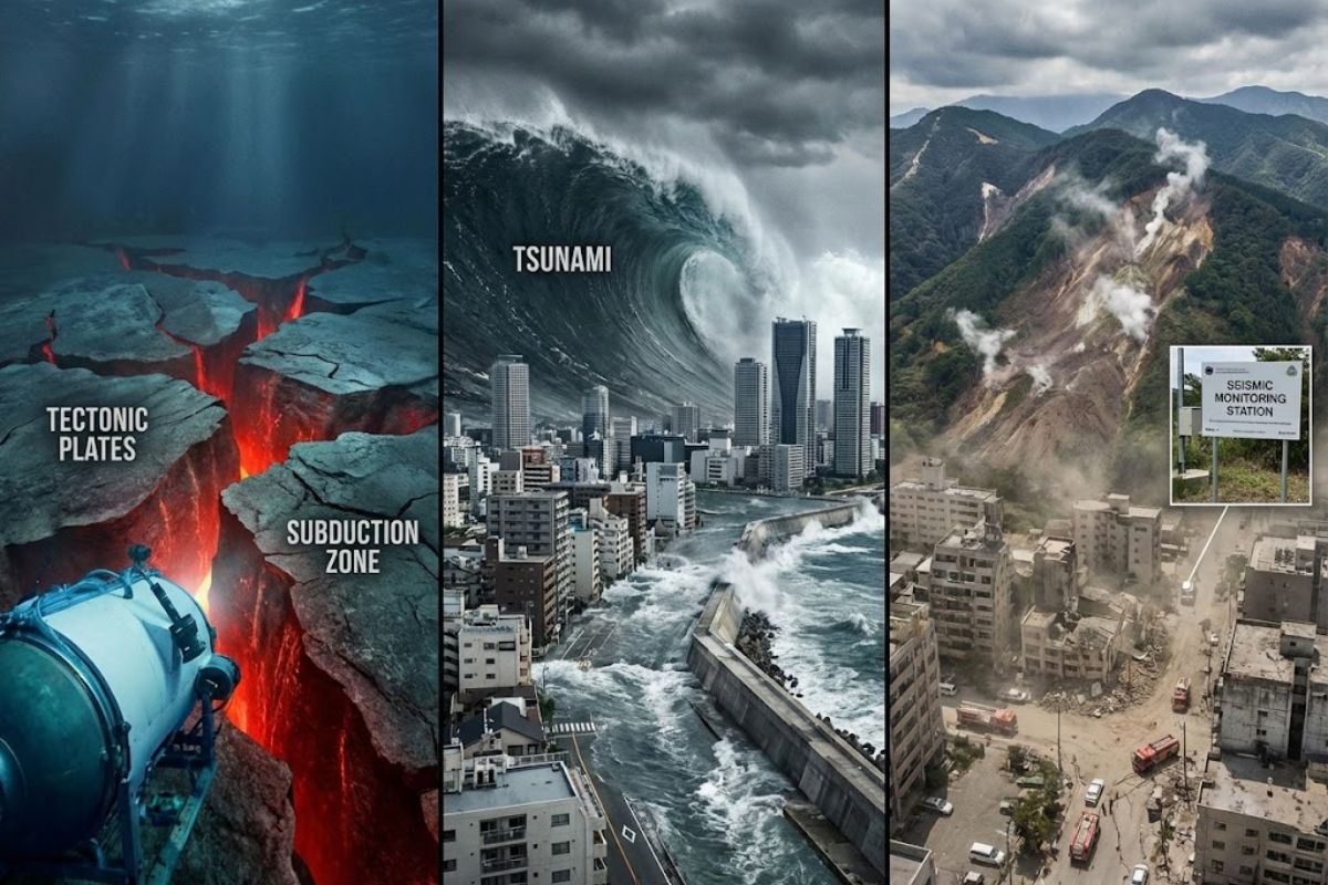 Entender como nascem os terremotos ajuda a explicar por que terremotos ligados a placas tectônicas na crosta terrestre podem gerar tsunami devastador e exigir monitoramento global constant