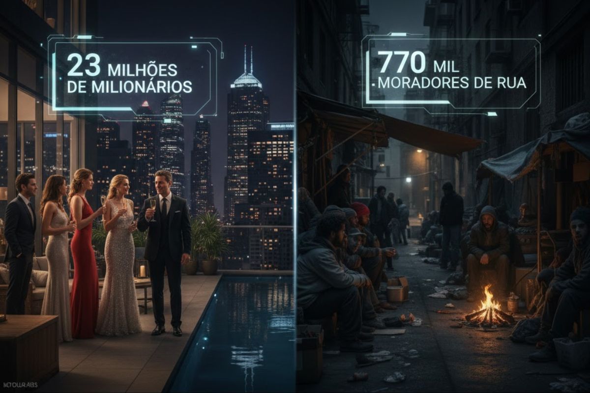 Estados Unidos exibem contraste entre milionário e morador de rua, revelando desigualdade social crescente e riqueza extrema que divide a maior potência mundial.