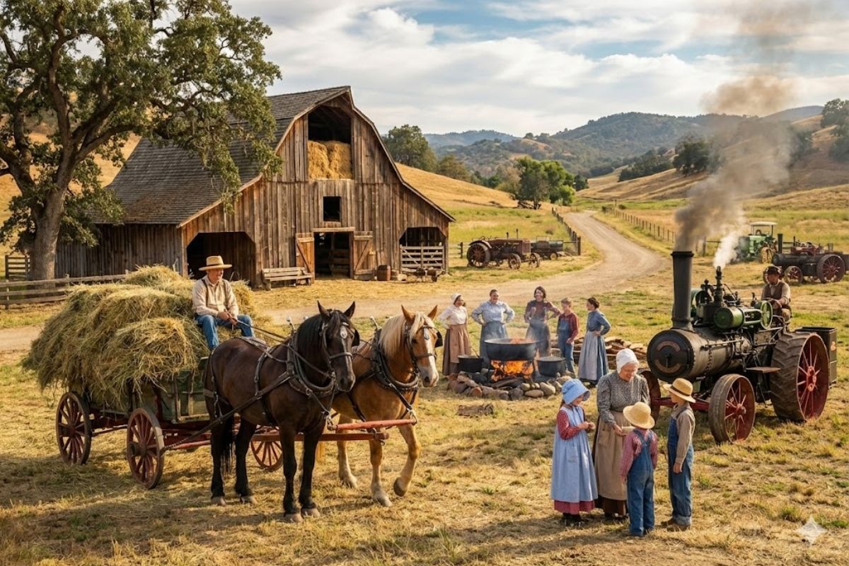 Reportagem mostra família americana no Vale de Teton usando cavalos de tração, feno solto e fazenda-escola para manter tradições vivas.
