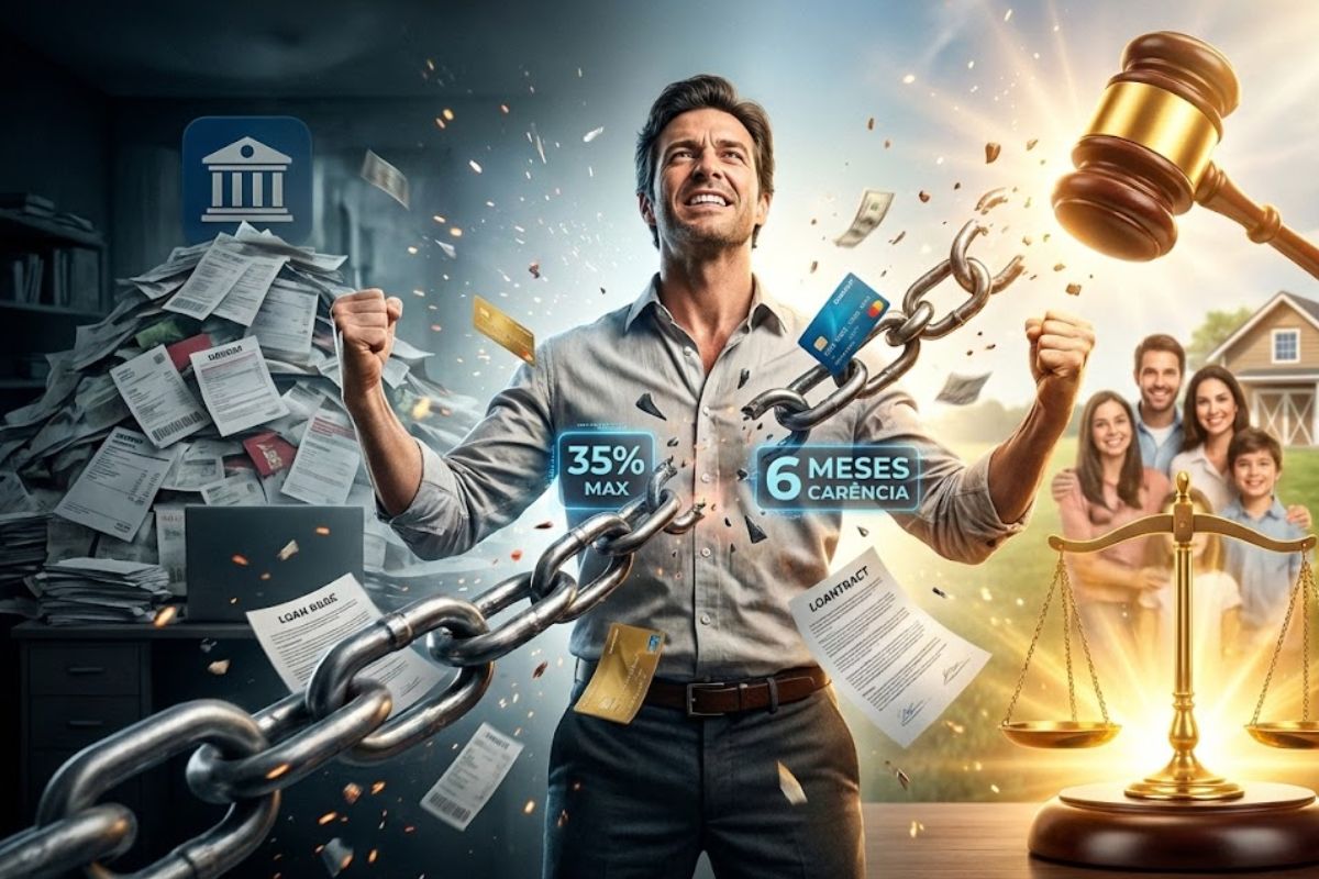 Lei do superendividamento garante renegociação judicial, parcela máxima de 35% da renda, descontos nas dívidas e carência de até 6 meses para recomeçar.