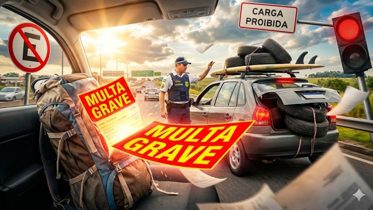 Mochila no banco dá multa grave? Entenda a regra do Contran que libera itens pessoais e descubra quais objetos, como pneus ou pranchas, são considerados carga proibida