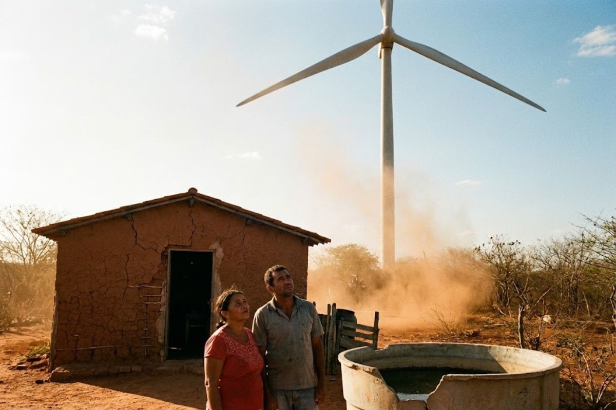 Moradores do sertão nordestino enfrentam energia eólica e parques eólicos com cisternas rachadas e ameaça à Caatinga em comunidades rurais fragilizadas.