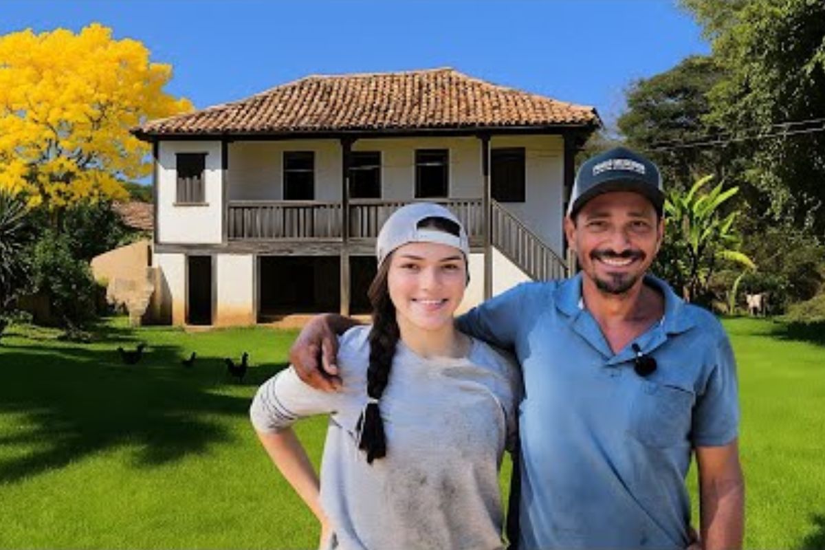 Reportagem mostra a rotina de pai e filha em fazenda com vacas leiteiras, peixes e mata fechada, destacando trabalho, fé e uma vida rural simples e feliz.