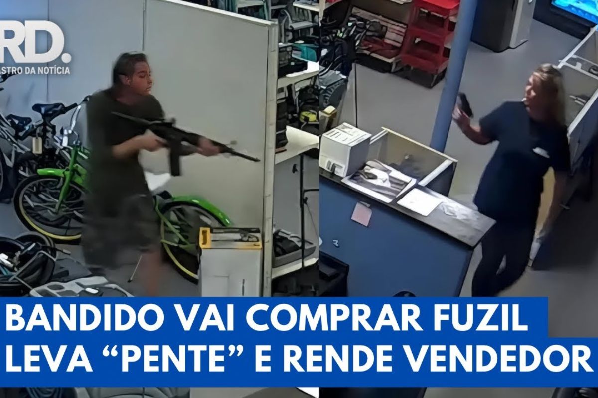 Criminoso testa fuzil em loja de armas, rende comerciantes, foge atirando e deixa prejuízo alto; entenda como o golpe aconteceu e os riscos para outros estabelecimentos.
